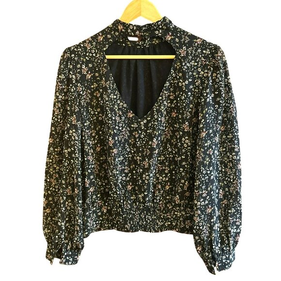 1 State Microfloral Cottagecore Mockneck Long Sleeve Blouse Large Open Back Boho - Picture 3 of 6